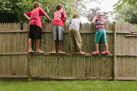 Kinder gucken über einen Zaun.