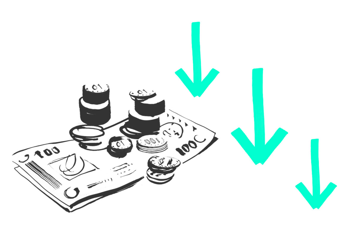 Illustration von Geldscheinen und Münzen, daneben drei mintgrüne Pfeile