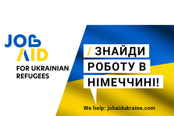 Ukrainische Flagge, Aufschrift: JobAid for Ukranian refugees