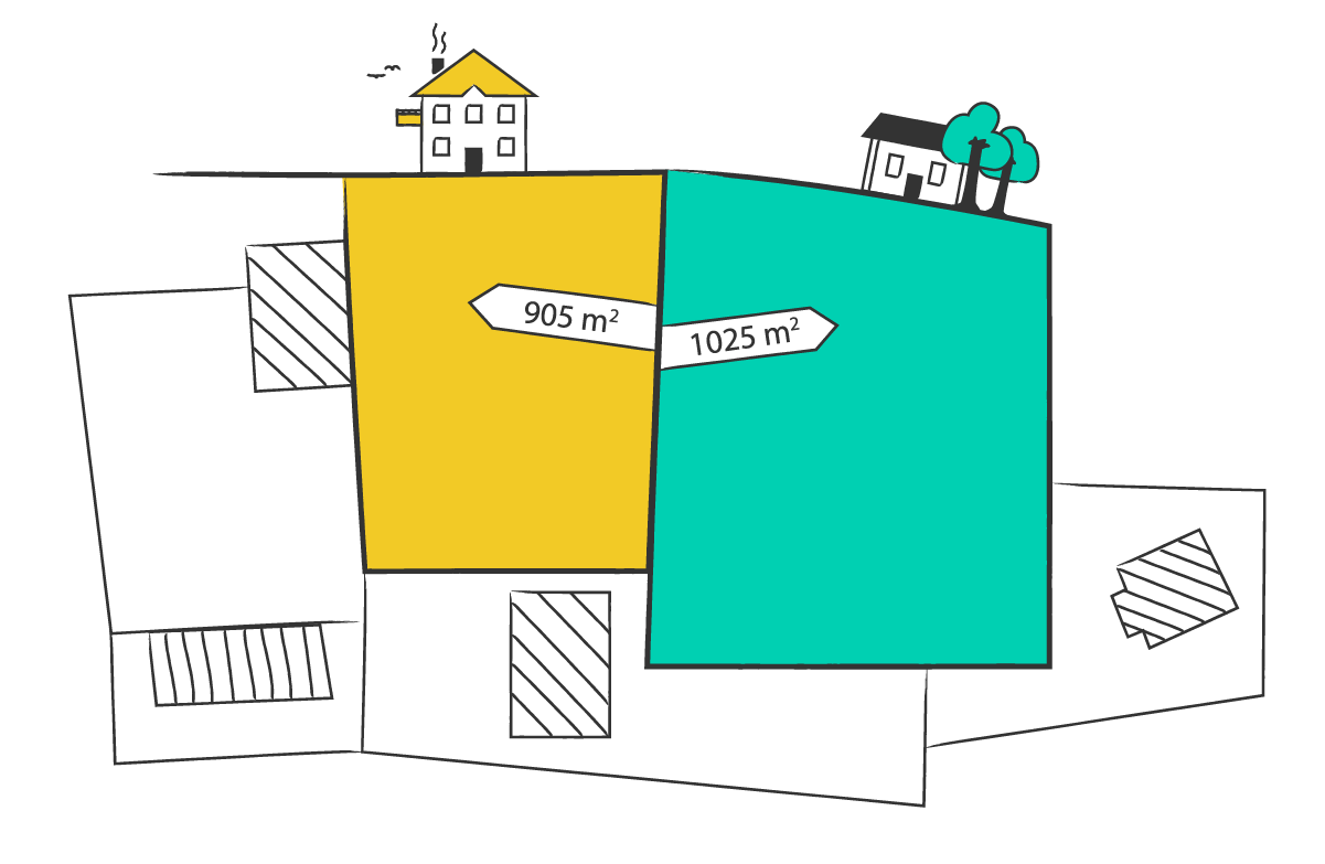 Wunschhaus in Ost und West: Zwei gezeichnete Häuser, davor ein Wegweiser: W zeigt nach links und O nach rechts