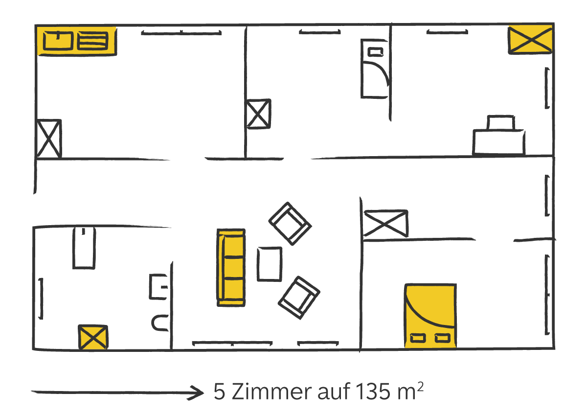 GIF von zwei wechselnden Grundrissen. 5 Zimmer auf 135 Quadratmeter im Westen, 4,5 Zimmer auf 127,5 Quadratmeter im Osten