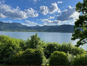 Malerischer Blick auf den Tegernsee, umgeben von einer beeindruckenden Bergkulisse. Das ruhige, bläuliche Wasser spiegelt den dramatischen Himmel wider, der von großen, weißen Wolken und strahlendem Sonnenlicht geprägt ist. Im Hintergrund erheben sich mehrere bewaldete Berge und Hügel in verschiedenen Grün- und Blautönen. Der Vordergrund wird von üppiger Vegetation dominiert - dichte Laubbäume und Sträucher in verschiedenen Grüntönen rahmen die Szenerie ein. Am rechten Bildrand ist ein großer Baum zu sehen, dessen Äste teilweise ins Bild ragen.
