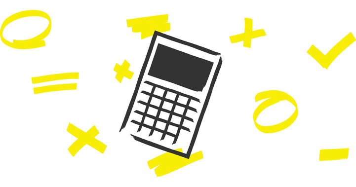 Stilisierte Illustration eines schwarzen Taschenrechners im Zentrum auf weißem Hintergrund. Der Rechner hat ein Display und eine Tastatur mit Zahlen- und Funktionstasten. Um den Taschenrechner herum sind verschiedene gelbe mathematische Symbole verteilt: Kreise, Striche, Pluszeichen, Häkchen, Gleichheitszeichen und ein X für Multiplikation. Die gelben grafischen Elemente sind als handgezeichnete Pinselstriche gestaltet und vermitteln einen dynamischen, kreativen Eindruck. Die Illustration symbolisiert Berechnungen, Finanzplanung, Kostenkalkulationen oder mathematische Aufgaben