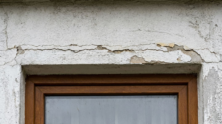 Detailaufnahme einer schadhaften Gebäudefassade, die deutliche Anzeichen von Witterungsschäden und Alterung zeigt. Oberhalb eines Fensters mit braunem Holzrahmen ist die weiße Putzfassade stark beschädigt - der Putz blättert großflächig ab und zeigt deutliche Risse und Abplatzungen. Die schadhaften Stellen verlaufen horizontal entlang der Fensterkante und legen teilweise das darunterliegende Mauerwerk frei.