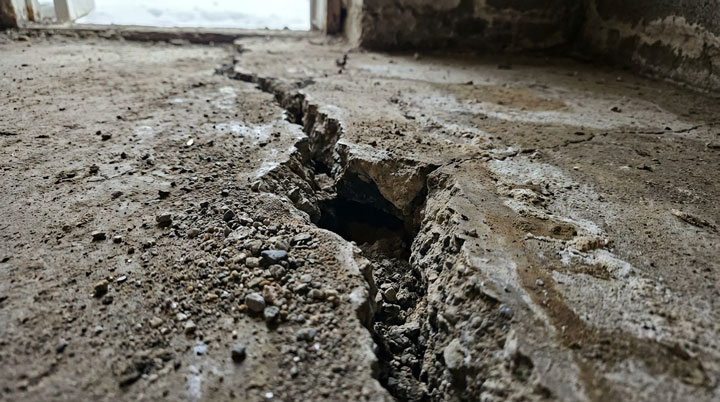 Aufnahme eines massiven strukturellen Schadens in einem Gebäude - ein tiefer, breiter Riss durchzieht den Betonboden eines Raums. Der Spalt ist mehrere Zentimeter breit und offenbar sehr tief, mit zerbröckelten, scharfkantigen Rändern.