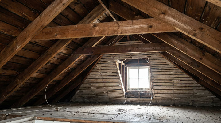 Blick in einen leeren, unausgebauten Dachboden mit sichtbarem Holzgebälk und Sparrenkonstruktion. Tageslicht fällt durch ein geöffnetes Dachfenster. Holzverkleidung an der Giebelwand, Betonboden mit Staub und Ablagerungen.
