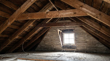 Blick in einen leeren, unausgebauten Dachboden mit sichtbarem Holzgebälk und Sparrenkonstruktion. Tageslicht fällt durch ein geöffnetes Dachfenster. Holzverkleidung an der Giebelwand, Betonboden mit Staub und Ablagerungen.