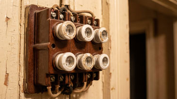 Nahaufnahme einer historischen elektrischen Sicherungsanlage aus der ersten Hälfte des 20. Jahrhunderts, montiert an einer verputzten Wand. Der braune Bakelit- oder Keramik-Sicherungskasten enthält sechs runde, weiße Schraubsicherungen, die in zwei Reihen zu je drei Stück angeordnet sind. Diese klassischen Schmelzsicherungen waren der Standard vor der Einführung moderner Sicherungsautomaten.