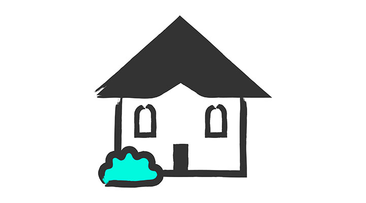 Stilisierte Illustration eines einfachen Einfamilienhauses in schwarz-weiß mit dreieckigem Dach und zwei bogenförmigen Fenstern. Links unten am Haus befindet sich die Illustration eines grünen Busches.
