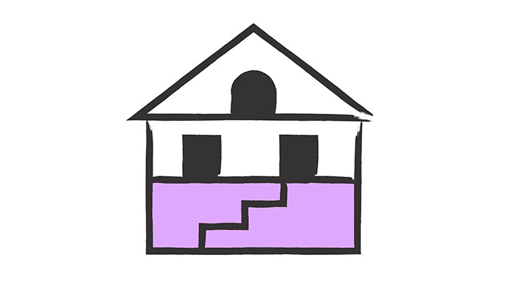 Querschnitt-Darstellung einer zweistöckigen Maisenettewohnung mit türkisfarbenem Dach. Das Haus zeigt die innere Raumaufteilung: Im Obergeschoss sind zwei Räume mit schwarzen Fenstern zu sehen, im Erdgeschoss befindet sich ein lilafarbener Bereich mit einer schwarzen Treppe, die beide Stockwerke verbindet.