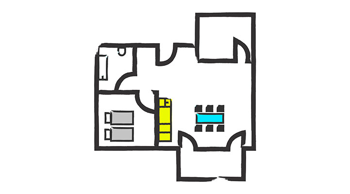 Schematischer Grundriss einer Wohnung in schwarzen Linien auf weißem Hintergrund. Der Plan zeigt verschiedene Räume und deren Aufteilung, mit erkennbaren Elementen wie Türöffnungen, Wandverläufen und Raumaufteilungen.