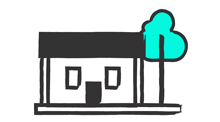 Stilisierte Darstellung eines Bungalows mit flachem, schwarzem Dach. Rechts neben dem Gebäude steht ein türkisfarbener, stilisierter Baum.