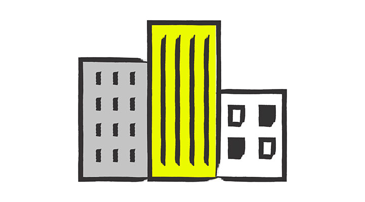 Stilisierte Stadtsilhouette mit drei unterschiedlichen Gebäuden nebeneinander. Links ein graues Mehrfamilienhaus mit vier Stockwerken und regelmäßigen Fenstern, in der Mitte ein gelbes Hochhaus mit vertikalen Streifen und rechts ein weißes, niedrigeres Gebäude mit vier Fenstern. Die Illustration symbolisiert typische DDR-Plattenbauten.