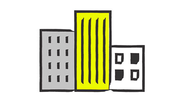 Stilisierte Stadtsilhouette mit drei unterschiedlichen Gebäuden nebeneinander. Links ein graues Mehrfamilienhaus mit vier Stockwerken und regelmäßigen Fenstern, in der Mitte ein gelbes Hochhaus mit vertikalen Streifen und rechts ein weißes, niedrigeres Gebäude mit vier Fenstern. Die Illustration symbolisiert typische DDR-Plattenbauten.