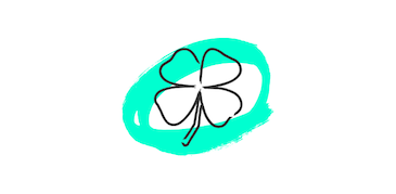 Minimalistische Illustration eines vierblättrigen Kleeblatts in schwarzer Linienzeichnung auf türkisfarbenem Hintergrund. Das Kleeblatt ist mit einfachen, geschwungenen Linien dargestellt und hat einen kleinen Stiel. Das vierblättrige Kleeblatt symbolisiert traditionell Glück, Erfolg und positive Entwicklungen.