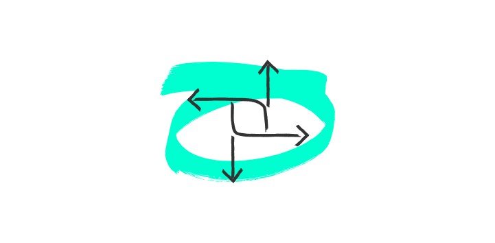Die Grafik zeigt einen stilisierten, rechteckigen Grundriss mit schwarzen Linien, aus dem vier schwarze Pfeile in alle Himmelsrichtungen (nach oben, unten, links und rechts) herausragen. Dies symbolisiert Maße, Dimensionen oder die Vermessung von Räumen. Der türkisfarbene Hintergrund ist als unregelmäßiger, oval-förmiger Farbfleck gestaltet. Die Grafik vermittelt ein Konzept von Ergebnisoffenheit und verschiedenen Möglichkeiten.