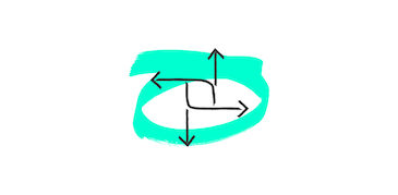 Die Grafik zeigt einen stilisierten, rechteckigen Grundriss mit schwarzen Linien, aus dem vier schwarze Pfeile in alle Himmelsrichtungen (nach oben, unten, links und rechts) herausragen. Dies symbolisiert Maße, Dimensionen oder die Vermessung von Räumen. Der türkisfarbene Hintergrund ist als unregelmäßiger, oval-förmiger Farbfleck gestaltet. Die Grafik vermittelt ein Konzept von Ergebnisoffenheit und verschiedenen Möglichkeiten.