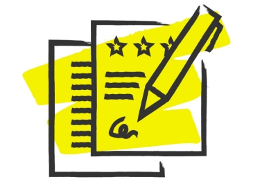 Gelbes Icon mit Dokumenten, Stift und Bewertungssternen, symbolisiert das Erstellen von Notizen und Bewertungen.