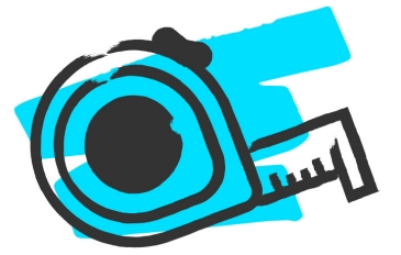 Stilisiertes Icon eines Maßbands in hellblau und schwarz, dargestellt als aufgerolltes Messgerät mit ausgefahrenem Maßband.