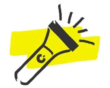 Stilisierte Taschenlampe in schwarz mit gelben Lichtstrahlen, die das Leuchten symbolisieren.