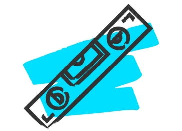 Grafisches Icon einer Wasserwaage in schwarz auf blauem Hintergrund, mit Libelle und Messskala dargestellt.