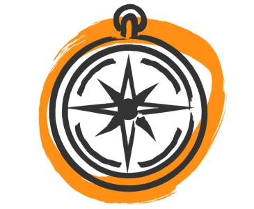 Traditioneller Kompass mit achtstrahliger Windrose in schwarz-weiß auf orangefarbenem Hintergrund.