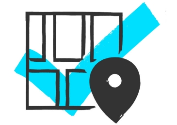 Icon für Navigation bestehend aus einer stilisierten Karte oder einem Stadtplan mit einem schwarzen Standort-Pin auf blauem Textmarker-Haken.