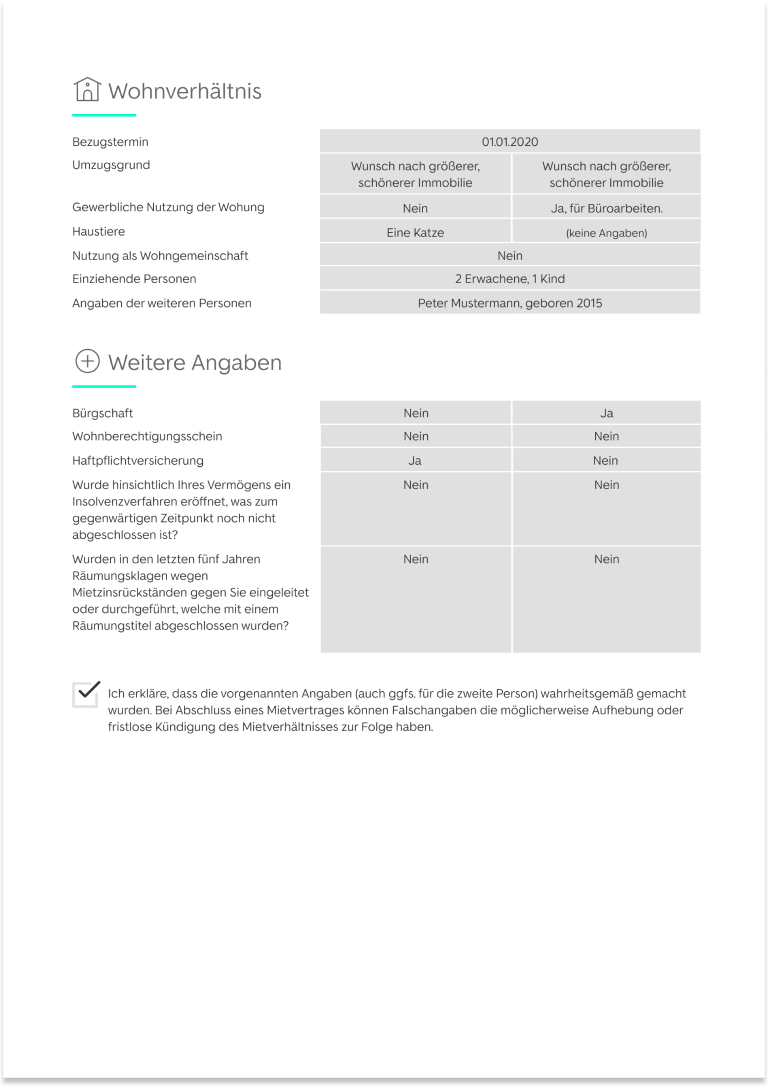 Beispiel von einer Selbstauskunft von ImmoScout24 für Immobilienkauf