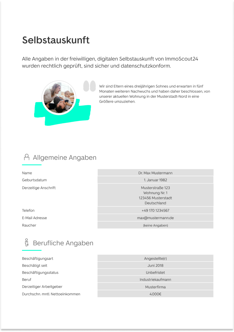 Beispiel von einer Selbstauskunft von ImmoScout24 für Immobilienkauf