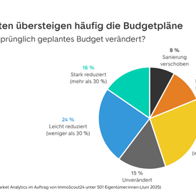 Balkendiagramm mit dem Titel "Fast die Hälfte wünscht sich bessere Förder-Informationen". Das Diagramm zeigt, welche Informationen sich Eigentümer für ihre Sanierungsplanung wünschen: Übersicht zu Fördermitteln (47%), Kosten-Nutzen-Analysen (43%), Handwerker-Empfehlungen (30%), Preisentwicklungen für Materialien (28%), Erfahrungsberichte (24%) und Musterkalkulation (23%). Links ist ein Icon einer Lupe mit Auge zu sehen.